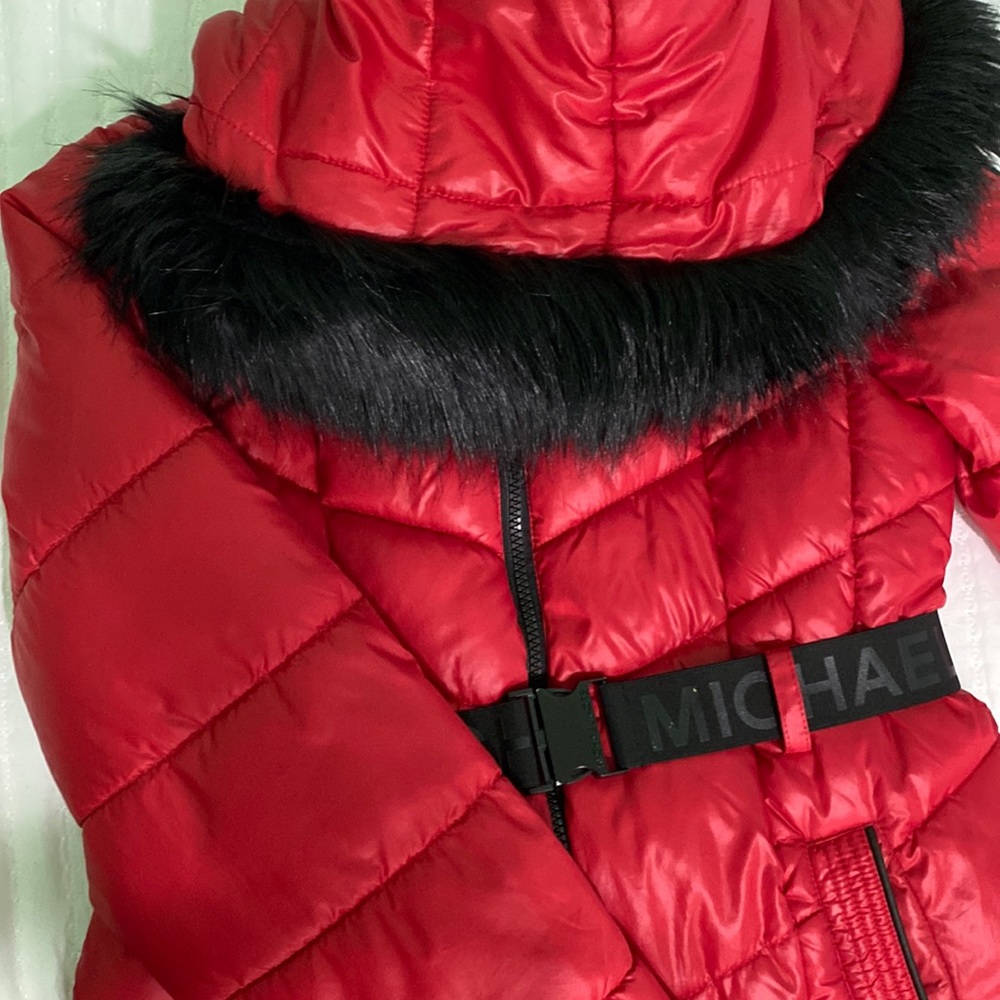 Red Michael Kors Puffer Jacket w/ Detachable Faux Fur-lined Hood and Buckle sz14